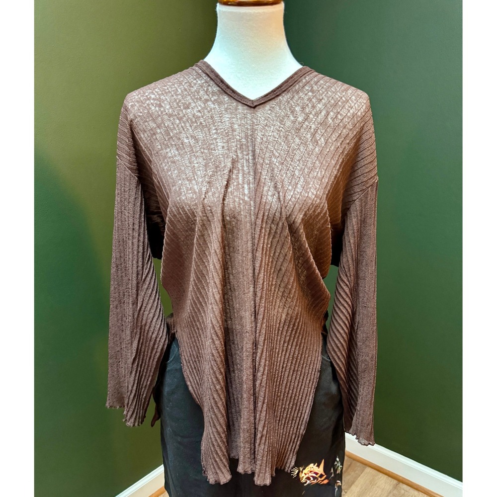 Vintage Porto Cruz Brown Long Sleeve V-Neck Hooded Pleated Top Women's M